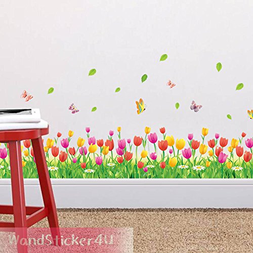 WandSticker4U- Wandtattoo „Tulpen Wiese in 2er Set“ | Breite: 228cm | Blumenwiese Blumen Gras Schmetterlinge | Wandsticker Fenstersticker Aufkleber Deko für Flur, Küche, Kinderzimmer, Wohnzimmer, Garderobe - 3