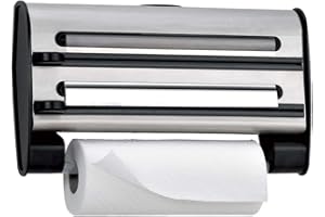 Emsa Expendedor Porta Rollos, Dispensador Triple 3 en 1, para Papel Aluminio, Film y Toallas, Acero Inoxidable, Corte Limpio Bidireccional, Seguro, Elegante y Duradero, Gris, 505319