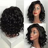 Sunwell 6A Brazilian Virgin Human Hair Short Bob Wavy Wig - Glueless Lace Front Wigs for Black Women, Natural Color 130 Density