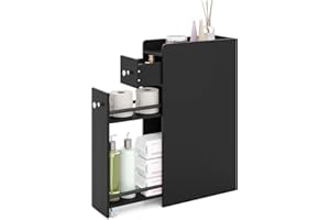 ‎LIFEZEAL LIFEZEAL Nischenschrank, Badezimmerschrank klein mit Schublade, Nischenregal schmal mit Rollen, Nischenwagen für Waschküche, Wohnzimmer, Badezimmer, 40 x 18 x 70 cm (Schwarz)