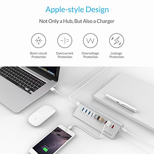 Ennotek® Aluminium USB 3.0 Hub 7 Datenports mit 3 x 2.4A Ladeports für iPhone, iPad, Samsung, Nexus, LG, und weitere – 12V / 5A Netzteil - 2