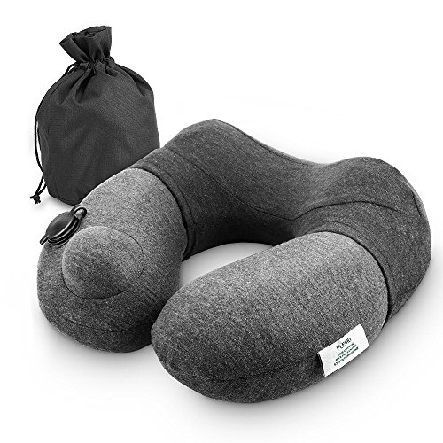 Preisvergleich Produktbild Plemo Reisekissen Aufblasbares Nackenkissen Nackenhörchen mit ergonomischer Stützfunktion, Baumwolle Bezug, patentiertem Aufblastechnik und Tragetasche für Büro, Reisen und Badewanne