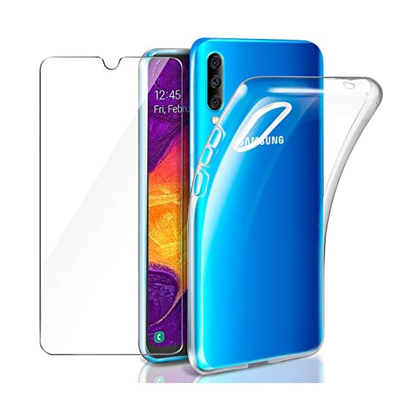 Leathlux Samsung Galaxy A50 Hülle + Panzerglas, Samsung Galaxy A50 Durchsichtig Case Transparent Silikon TPU Schutzhülle Premium 9H Gehärtetes Glas für Samsung Galaxy A50