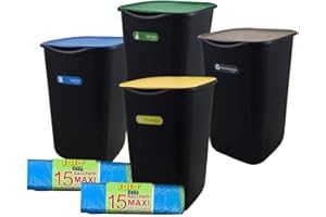 FOFO' Set 3 Pattumiere Chiuse per Raccolta Differenziata, 50 Lt più Omaggio Pattumiera per Rifiuti Indifferenziati 50 Lt con 30 Pezzi di Sacco con Maniglia Mis. Maxi cm.70x75