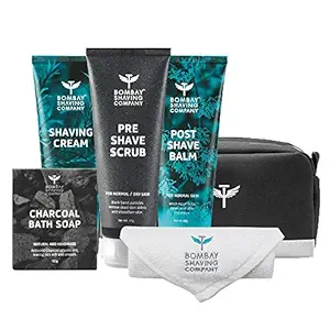 Bombay Shaving Company Premium Shaving Kit for Men | Pre shave scrub, Shaving Cream, Post Shave Balm, Charcoal Soap, Towel, Shaving Kit Bag | Made in India