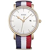 BUREI Damen Armbanduhr Analoge Quarzuhr Rose Gold Datumsanzeige Saphirglas mit Textilarmband (blau-weiß-rot-1)