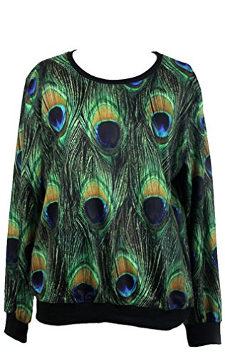 THENICE Women's Digital Print Pullovers Sweatershirts (Peacock feathers)