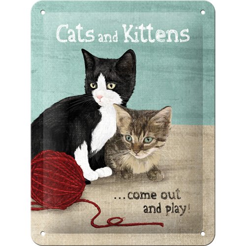 Vintage placa metálica con gatos en varios tamaños, multicolor, smal