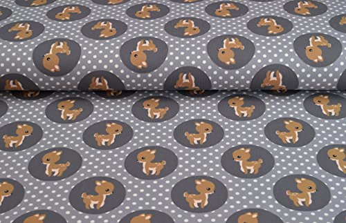 Jersey Stoff mit dem Muster Reh Baby auf mittel grau als Meterware | Maße: 50 cm x ca. 145 cm | 1A ÖKO-TEX Qualität Standard |