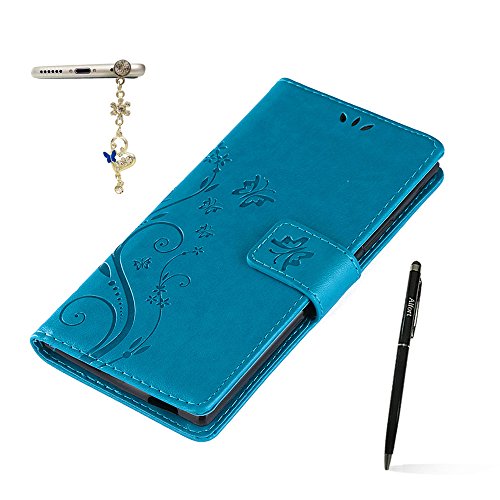 HTC One mini 2 Hülle, HTC One M8 Mini Schutzhülle, Alfort 3 in 1 Lederhülle / handyhüllen Fashion Design Premium PU Leder Hohe Qualität Tasche Case Cover Kasten Abdeckung Wallet für HTC One mini 2 / HTC One M8 Mini 4.5" Smartphone Funktion Standfunktion Unterstützte Telefone und Magnetverschluss mit Schmetterling ( Blau ) + Alfort Schwarz Stylus Pen + Netter Staub Stecker