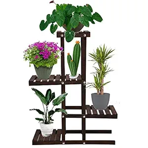 CINAGRO - Wood Plant Stand High Low Shelves Flower Rack Display for Indoor Outdoor Garden Lawn Patio Bathroom Office Living Room Balcony (4 Wood Shelves 5 Pots)
