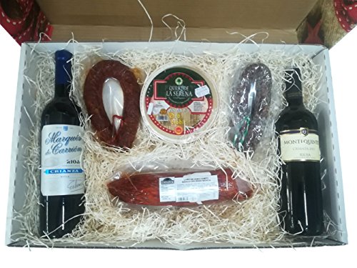 Bonito estuche con deliciosa torta de la serena, embutidos extremeños y vinos tintos
