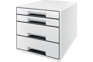 Leitz Buc de 4 Cajones A4 con Rotulador y Bandeja Transparente, Organizador, Gama WOW, Blanco/Negro