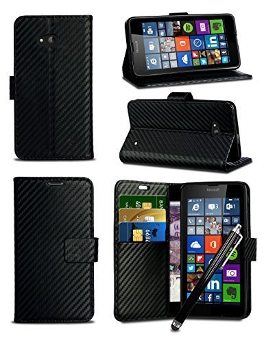For LG G Flex 2 (H955) - Carbon Fibre Style Leather Wallet Flip Skin Case Cover with Capacitive Stylus Touch Screen Pen, Screen Protector and Polishing Cloth in Black