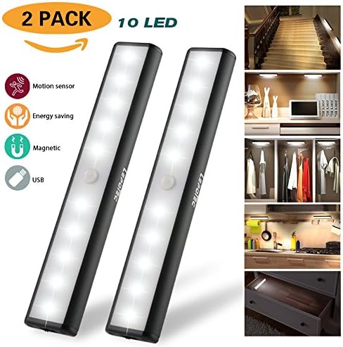 Motion Sensor Cabinet Light Wardrobe Light,USB Rechargeable 10 LED Metal Aluminum Shell,Built-in Magnet,Removable Stick-On Anywhere/Wardrobe/Stairs (White Light-Black) 2 Pack