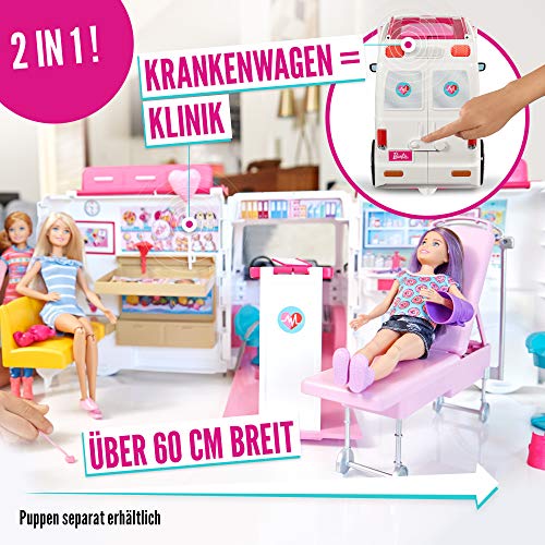 Barbie FRM19 - 2-in-1 Krankenwagen, aufklappbares Fahrzeug mit Licht und Geräuschen, Puppen Spielset mit Zubehör, Mädchen Spielzeug ab 3 Jahren - 3