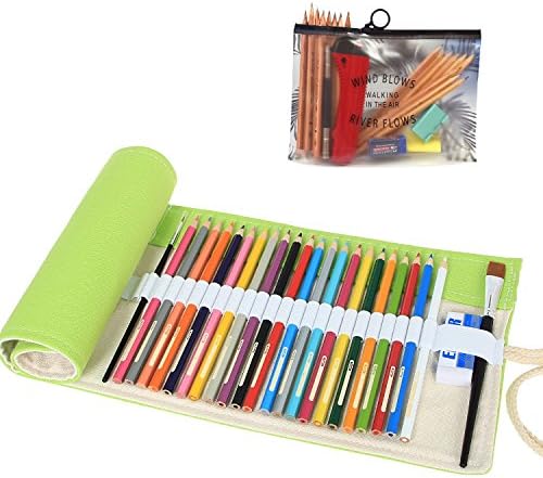 AmoyieDesk Organiser Bag 2 Set (Roll up Color Pencil Bag + PVC Pen Case), Portable Pen Bag Green 36 Holes