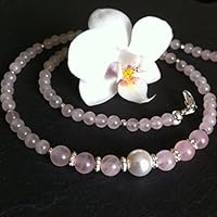 Zarte Kette Rosenquarz mit Muschelkernperle, versilbert, Edelsteinkette rosa