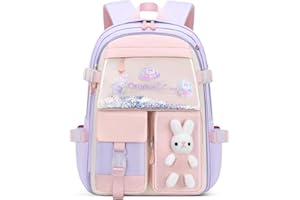 Bansusu Kawaii Bunny Primary Girls Backpacks Elementary School Bags Bookbags with Refrigerator Front Pocket, Purple-Large