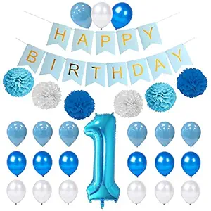 Party Propz Birthday Decoration kit for 1st birthday Boys-23Pcs/ Bday Supplies Items With Blue Banner, Pom pom, Baloons, Foil Baloons/Newborn Gifts Set/ 1st Birth day Props For Kids, Baby