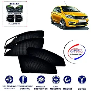 Auto Pearl Zipper Magnetic (Front / Rear) Cotton Mesh Fabric Sun Shades Car Curtain for - Tiago 2020 XT XZ - Set of 4 pcs- (Color Black)