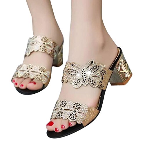 Preisvergleich Produktbild SandalenHonestyi Frauen Rhinestone Hefterzufuhr Frauen Arbeiten geöffnete Zehe Schuhe Böhmen Absatz Schuh Um Outdoor Schuhe Flache Mode Schuhe Leder Flach Boden Hausschuhe Bequeme Schuhe (40, Gold)