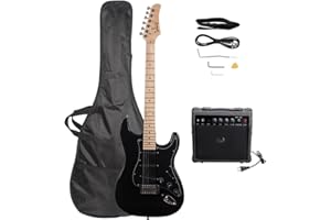 Bonnlo Full Size Electric Guitar Kit for Music Lover Beginner with 20W Guitar Amplifier, Guitar Bag, Cable, Strap, Pick, Tremolo Bar, Tool (Black)