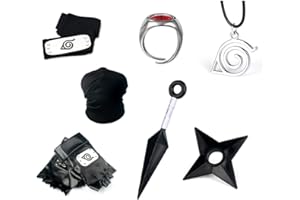 Formemory Ninja Ensemble d'accessoires Cosplay Ninja Anneau Bandeau Konoha Noir Kakashi Pendentif Collier 25 cm Blanc Ninja Prop Gants Kakashi Masque de Personnage pour Les Fans d'Anime