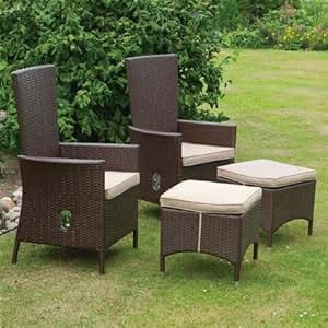SET 2 GARDEN RECLINING ARMCHAIRS FOOT STOOLS & CUSHIONS RATTAN PATIO