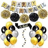 Feliz decoración de jubilación: 1 pancarta de jubilación feliz oro y plata, 6 pompones de papel de seda dorada y negra, 18 globos de látex dorado negro y plata, 1 tira de jubilación, 1 estrella de purpurina Streamers oro.