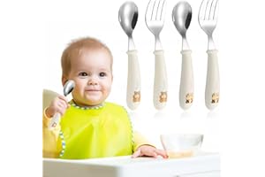 XENQITO 4 Set Kinder und Baby Besteckset, Kinderbesteck Esslernbesteck ab 1 jahr, Silikon Edelstahl Baby Besteckset Löffel Gabel mit Silikon Halten Anti-Choke Design, BPA Frei Lernbesteck
