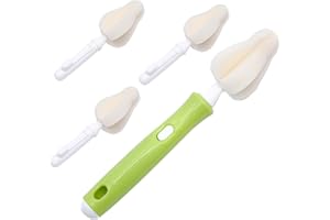 komsoup Flaschenbürste Baby - Nippelbürste, Säuglingsnippel Reinigungsbürsten Set, Babyflasche Reinigungsbürste, Mit 4 Um 360° Drehbaren Ersatz-Schwammköpfen