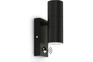 Kerry Outdoor Wall Lights, Up and Down Lamp with Motion Sensor, IP44 Black Stainless Steel Outside Lighting Mains Powered Fixtures, PIR Detector External Wall Sconce for Front Door, Porch, Garden