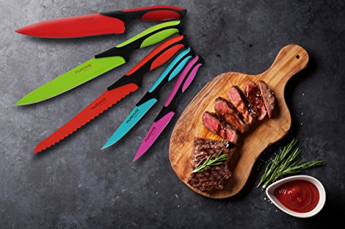Küchen Messerblock Set mit Farbkodierung 5-tlg NUOVVA antihaftbeschichtetes Messerset Küche Brotmesser Fleischmesser Gemüsemesser Obstmesser Käsemesser - 5