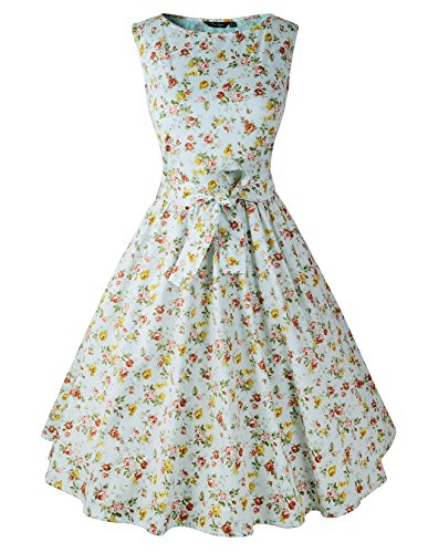 Hepburn Style 1950's Rockabilly Swing Floral Dress (US8/UK12, Green)