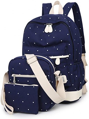 Evay 3PCS Canvas School Bags Set Backpack Vintage Leisure Series Polka Dots Colorful Rucksack School Backpack for Youth Teenager Girls and Boys Cute Casual Daypack + Shoulder Bags Messenger Bag + Pencil Case Purse