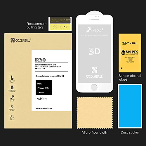 iPhone 6s Screen Protector,Coolreall 3D Full Coverage Premium Tempered Glass Screen Protector Film For iPhone 6 / 6s [4.7 Inch,0.33mm Ultra-Clear 9H Hardness](White)