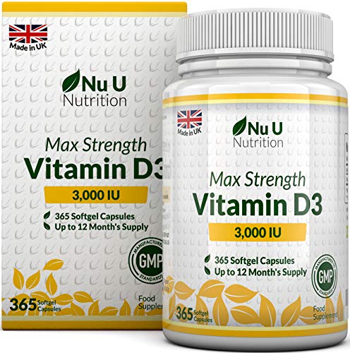 Vitamina D3 3000 UI 365 Cápsulas Blandas (Suministro Para Todo el Año) Suplemento de Vitamina D3 Tres Veces Más Concentrado, Colecalciferol de Alta Absorción, Libre de Gluten Y Lácteos, por Nu U Nutrition