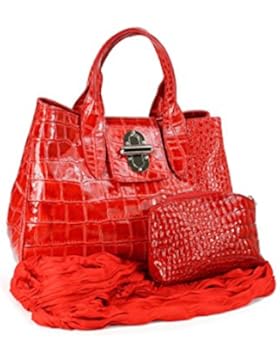 Belli Leder Set 3in1 (Geschenk Set) VERA PELLE - rot lack - Echt Leder Handtasche + Kosm. Tasche + Pashmina/Viskose...