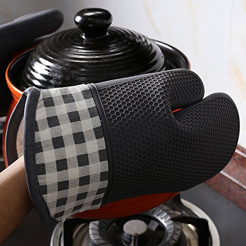 Jonhen Silikon Handschuhe – Hitzebeständige Ofenhandschuhe mit Baumwoll-Fütterung – Silikon Topflappen zum Küche,Backen,Kochen,Barbecue,Grillen (grau) - 5