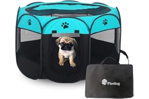 Floving Plegable portátil Parque de Mascotas 91x91x58cm Uso en Interiores/Exteriores -8 Panel, Resistente al Agua (Azul y Negro-L)