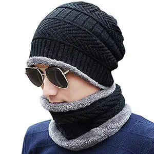 Kandid Winter Beanie Cap with Scarf |Warm Knit Cap |Thick Fur |snowproof| Winter Hat & Scarf for Men/Women, black, l (CAP_WITH_SCARF_BLK_01)