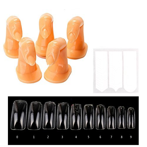 New8Beauty Full Fake Nails Tips Clear (500pcs) & Nail Art Practice Fingers (5 pcs)- Best DIY False Nails Acrylic, Gel and Wrap Manicure Decoration Design Accessories Tools Kit Set Supplies - Great Gift for Woman Girls Wife Teens Kids Beginners Nail Technician Prime