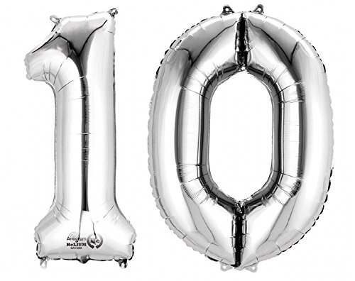 SiDeSo® 2 Folienballon XXL ZAHL 10 SILBER Heliumgeeignet Party Geburtstag Jahrestag Hochzeitstag