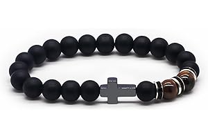 TOLOWOBK Kreuz Armband Herren Tigerauge Armband Männer Perlenarmband Herren Naturstein Perlen Armbänder Christliche Konfirmation Kommunion Vatertag Geburtstag Geschenke für Papa Mann Sohn Bruder