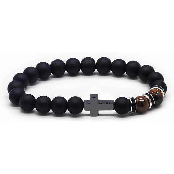 Bracelet Croix œil De Tigre - Homme/femme - Taille Ajustable 18-23 Cm - Cadeau Communion, Confirmation