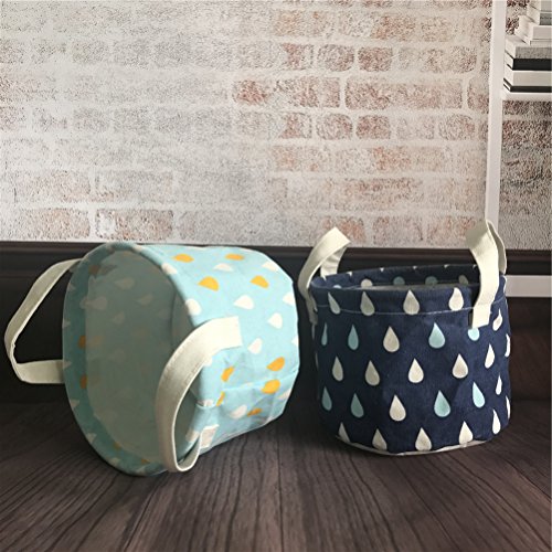 Inwagui Baumwolle 2-er Set Aufbewahrungskörbe Runde Spielzeugkiste Wasserdicht Aufbewahrungskiste für Schreibwaren Kosmetik Organisation – Regentropfen - 3