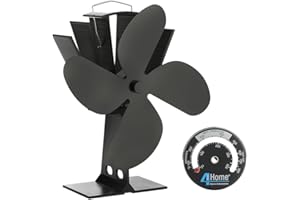 4YourHome Log Burner Stove Fan Wood Burning 4 Blades Heat Powered Fireplace Burner Fan Silenet with Thermometer Eco Friendly Circulation for Wood/Log Burner/Fireplace