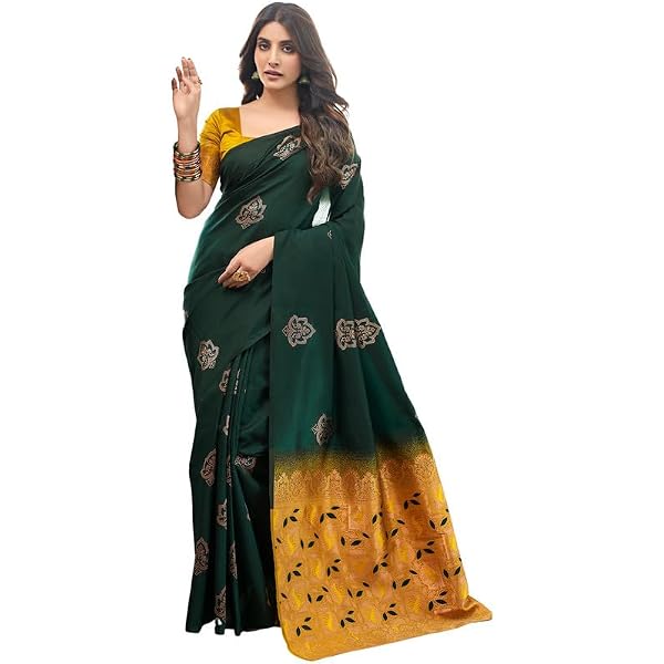 SIRIL Damen Banarasi Jacquard Sari – Weiche Kanjeevaram-Seide Mit Ungenähtem Blusenteil, Rot & Grün-gold, Festlich & Elegant