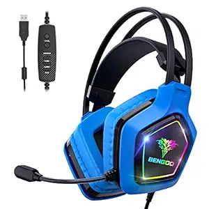 BENGOO USB Pro Gaming Headset for PC PS4, 7.1 Surround Sound Gaming Headphones with Noise Cancelling Mic, in-Line Volume/Mic/EQ Control, Soft Memory Earmuffs RGB Lights for Laptop Mac Nintendo 64